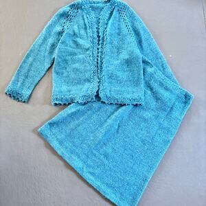 Vintage Hand Knit Cardigan and Skirt Teal Blue Green Set Medium
